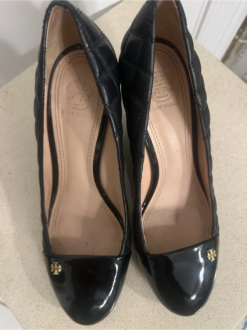 Tory Burch Black Leather Quilted Wedge Pumps